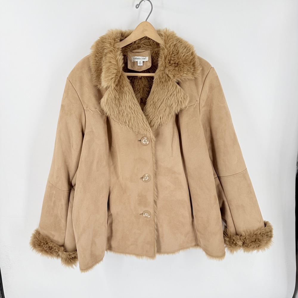 Vintage Coldwater Creek Jacket Tan 2X Faux Suede Fur Trim Boho Western Cozy
